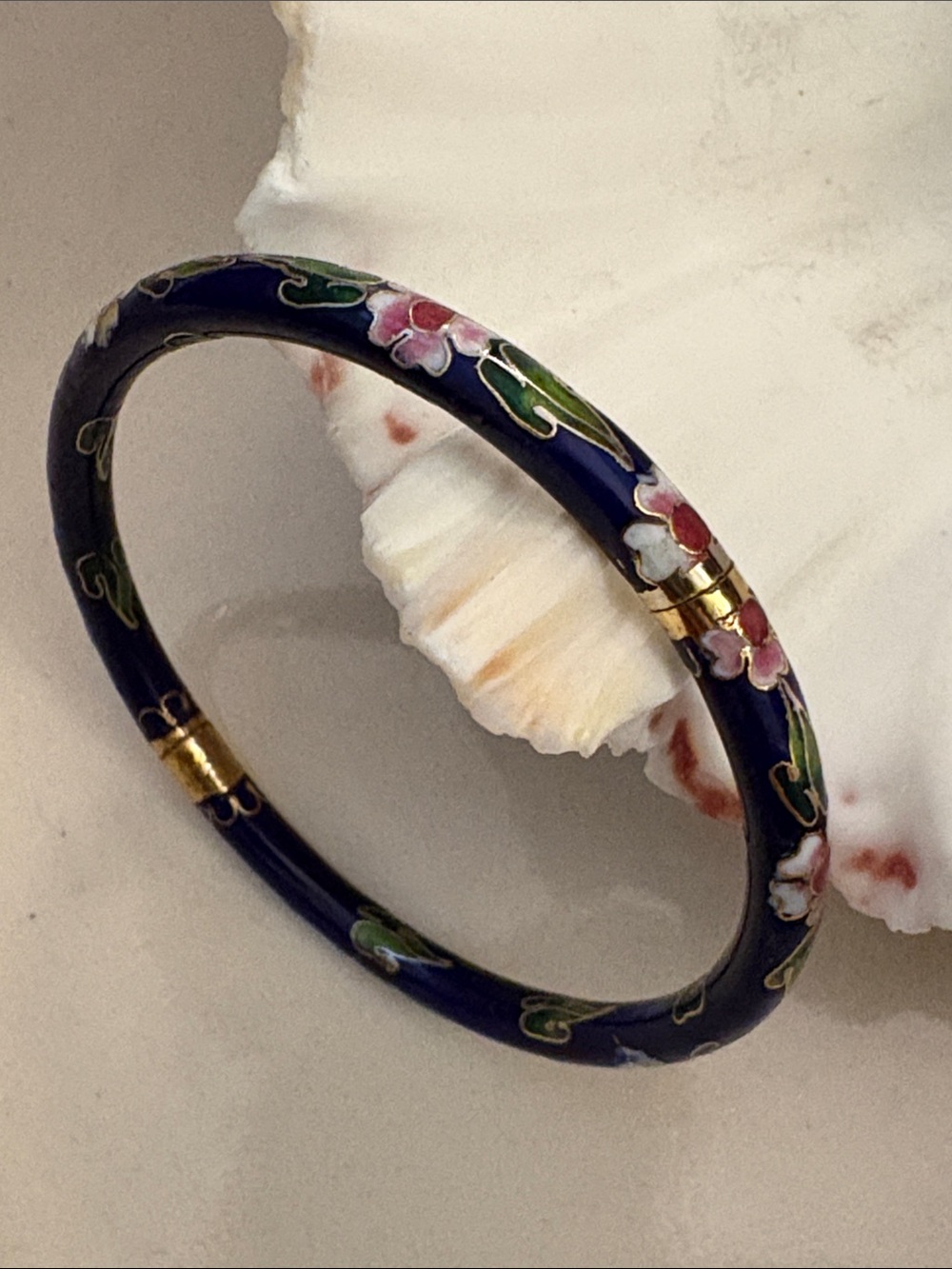 Cloisonné Hinged Floral Enamel Bangle Bracelet in Navy and Pink